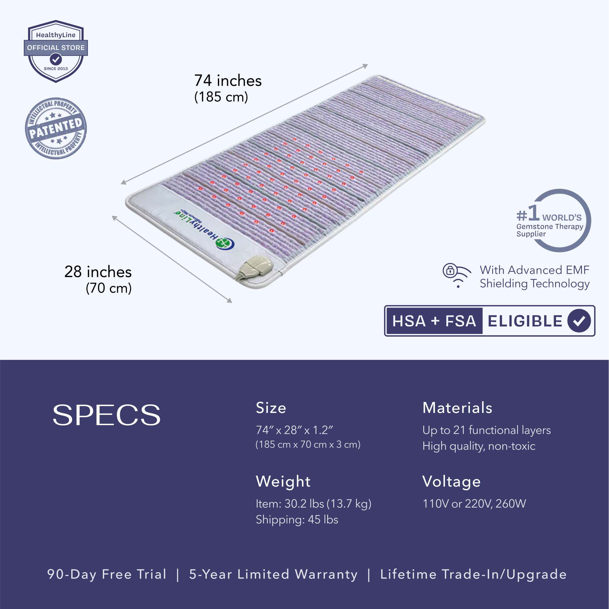 HealthyLine Platinum Mat™ Full Pro PLUS 7428 Firm | Photon Advanced PEMF InfraMat Pro® Far Infrared Heating Mat - Platinum-7428-PhP-adv