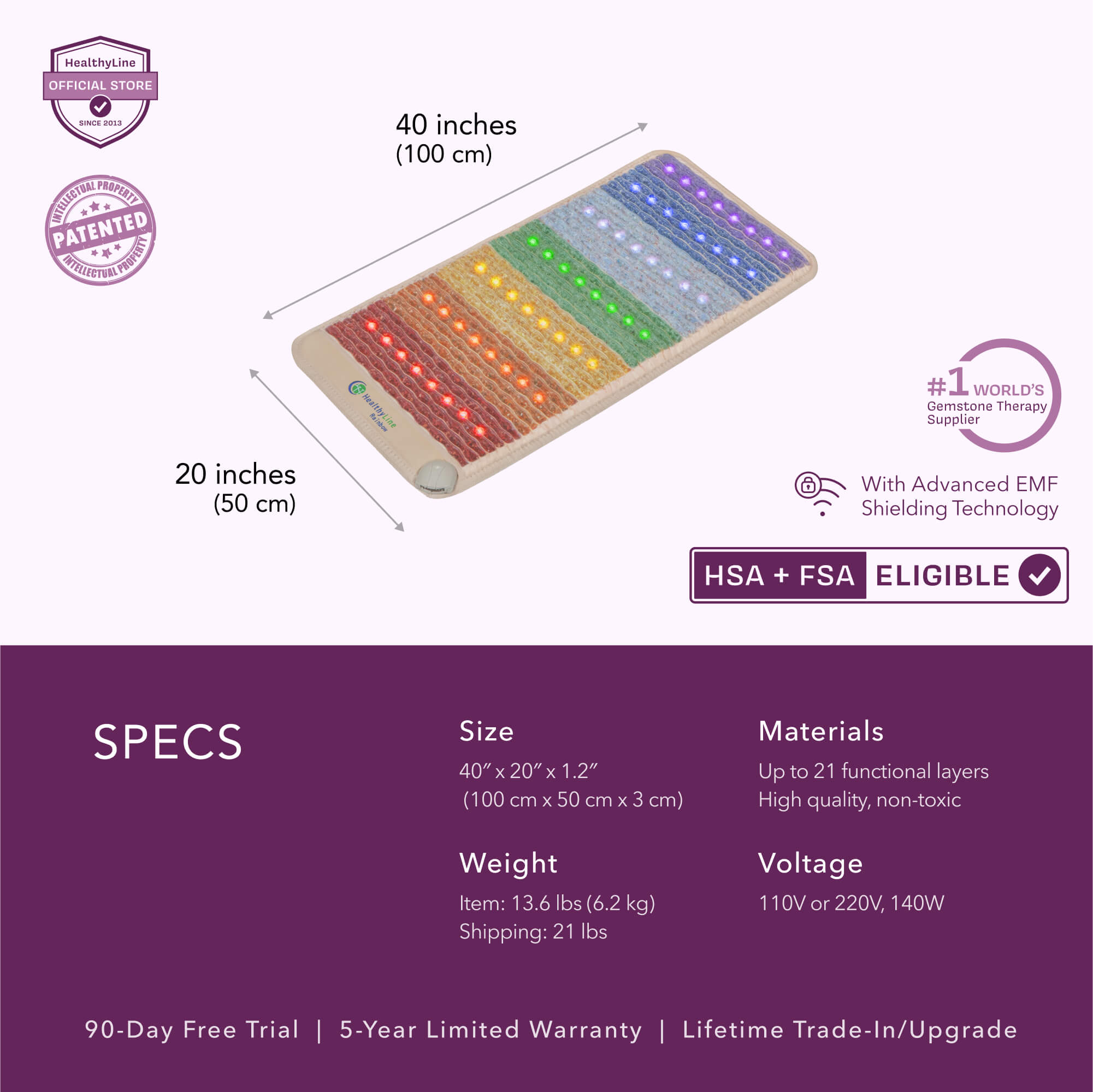 HealthyLine Rainbow Chakra Mat™ Small 4020 Firm | Photon PEMF InfraMat Pro® Third Edition Far Infrared Heating Mat - RW-ch-4024-PhP