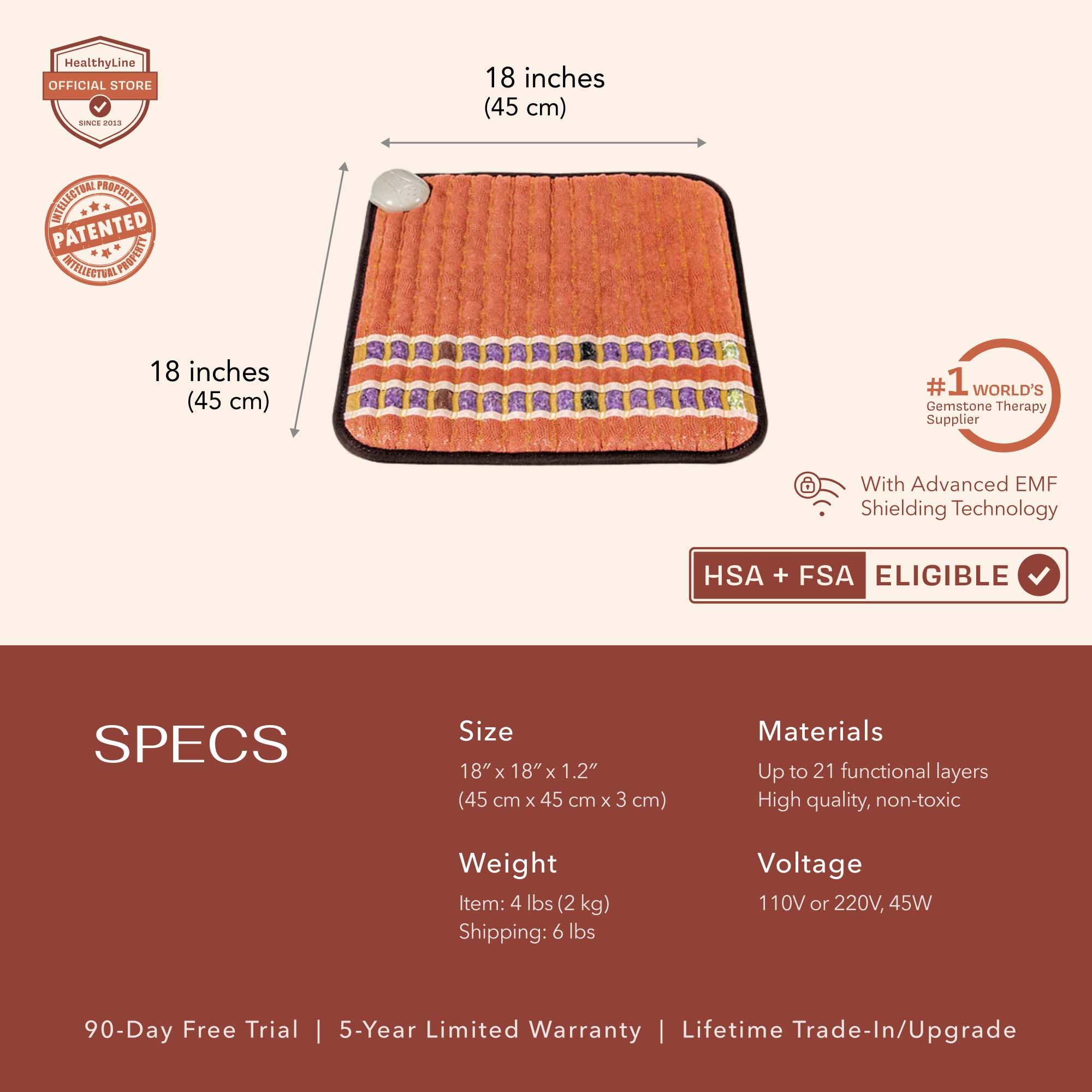 HealthyLine TAO-Mat® Small 18” x 18” Soft InfraMat Pro® Far Infrared Heating Mat - TAO-1818