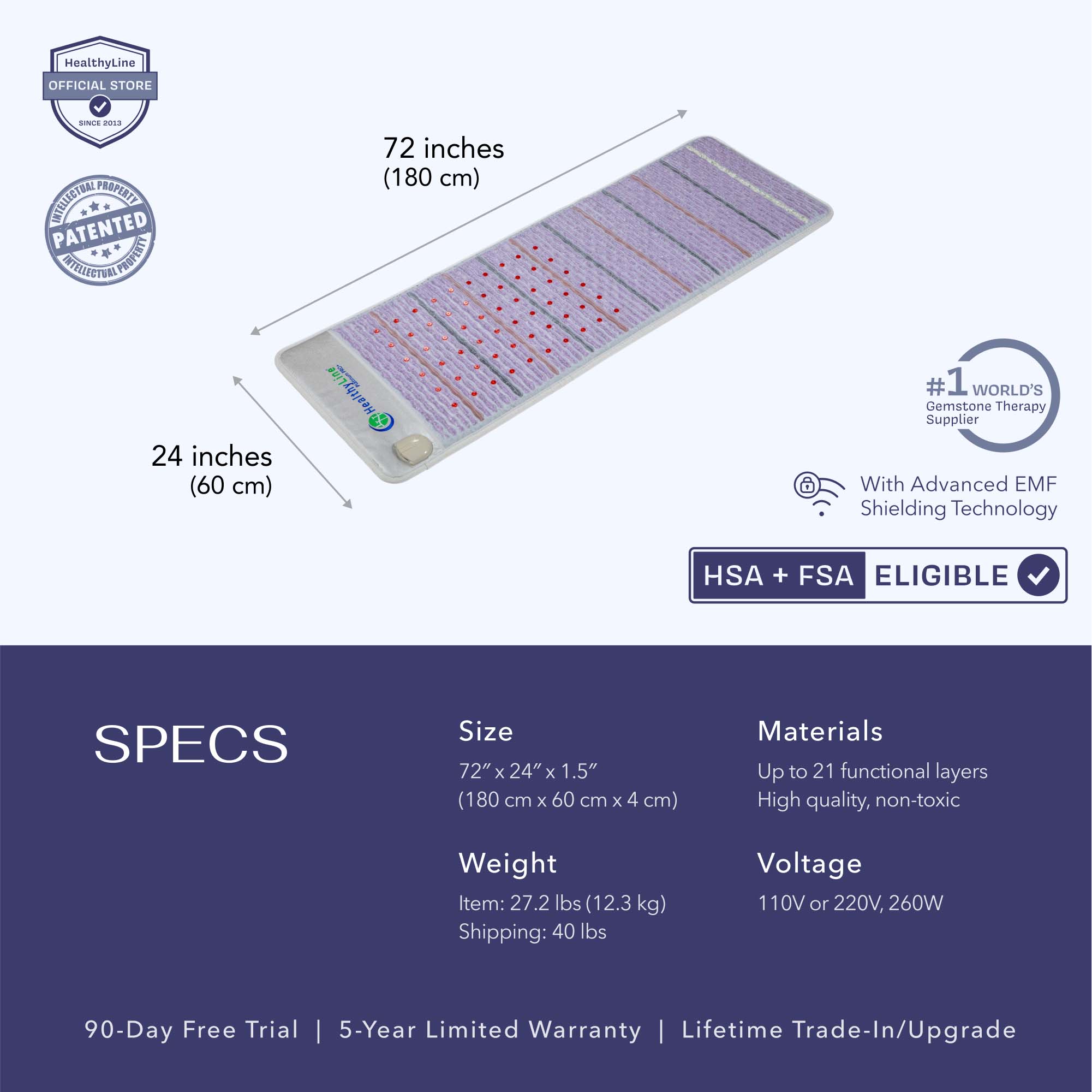 HealthyLine Platinum Mat™ Full 7224 Firm - Photon Advanced PEMF InfraMat Pro® Far Infrared Heating Mat - Platinum-7224-PhP-adv