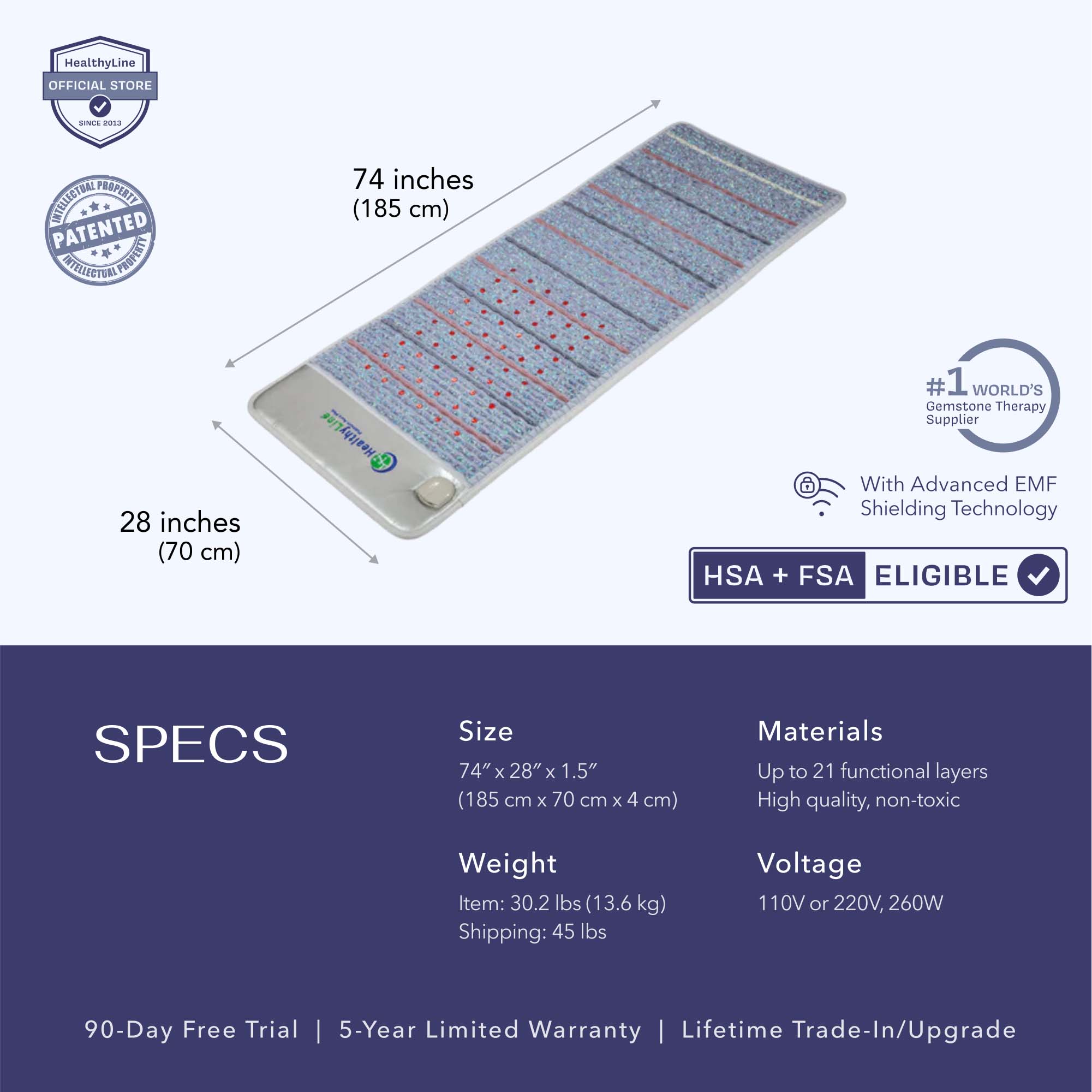 HealthyLine Platinum Aura Mat Full Pro PLUS 7428 Firm | Photon Advanced PEMF InfraMat Pro® Far Infrared Heating Mat - Platinum-7428Au-PhP-adv