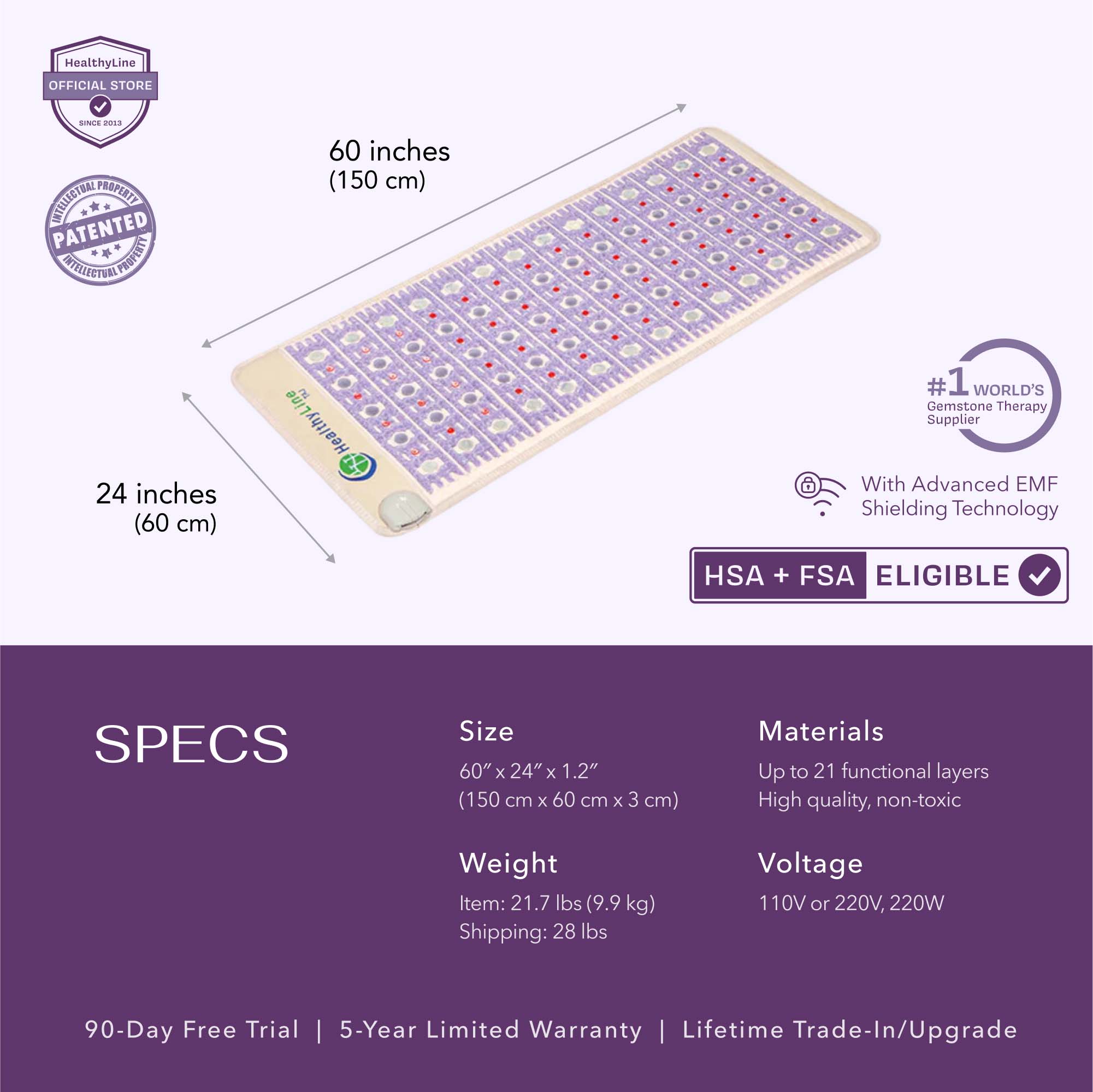 HealthyLine TAJ-Mat™ Full Short 6024 Firm | Photon PEMF InfraMat Pro® Far Infrared Heating Mat - TAJ-6024-PhP
