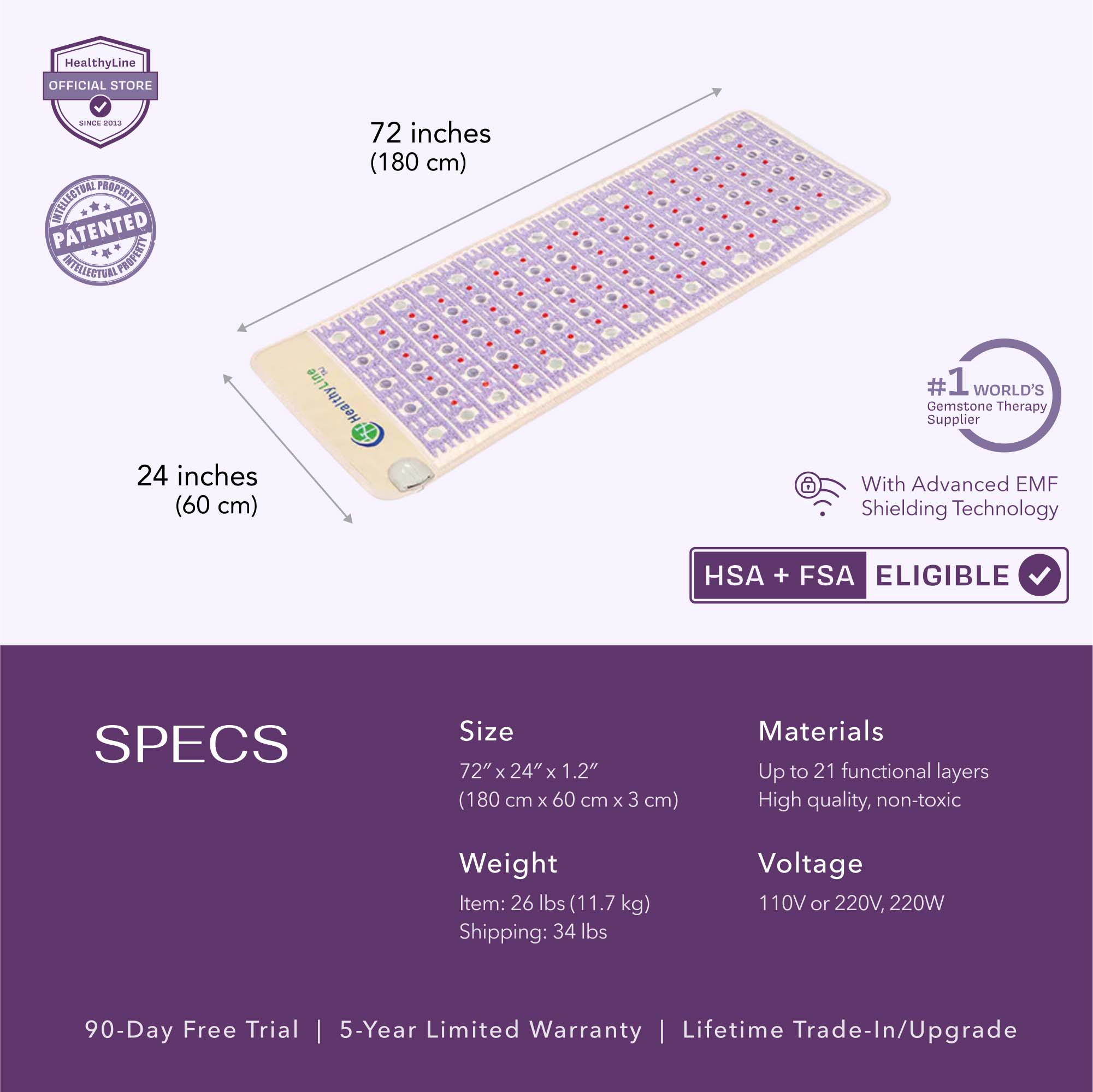 HealthyLine TAJ-Mat™ Full 7224 Firm - Photon PEMF InfraMat Pro® Far Infrared Heating Mat - TAJ-7224-PhP